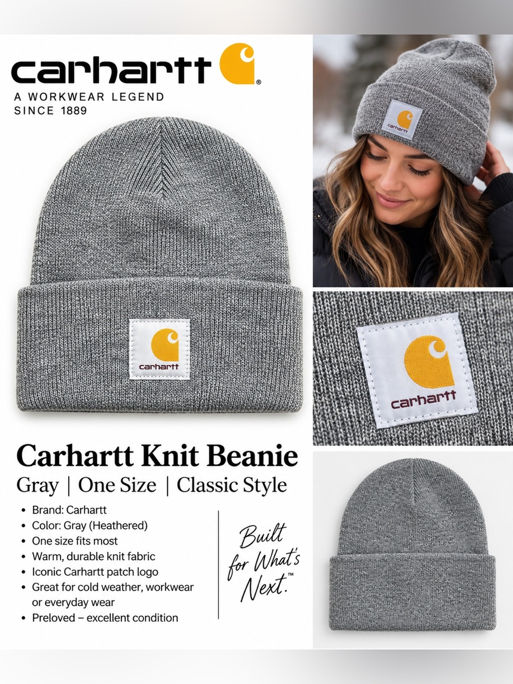 Carhartt Gray Heather Knit Cuffed Beanie Watch Hat Logo One Size